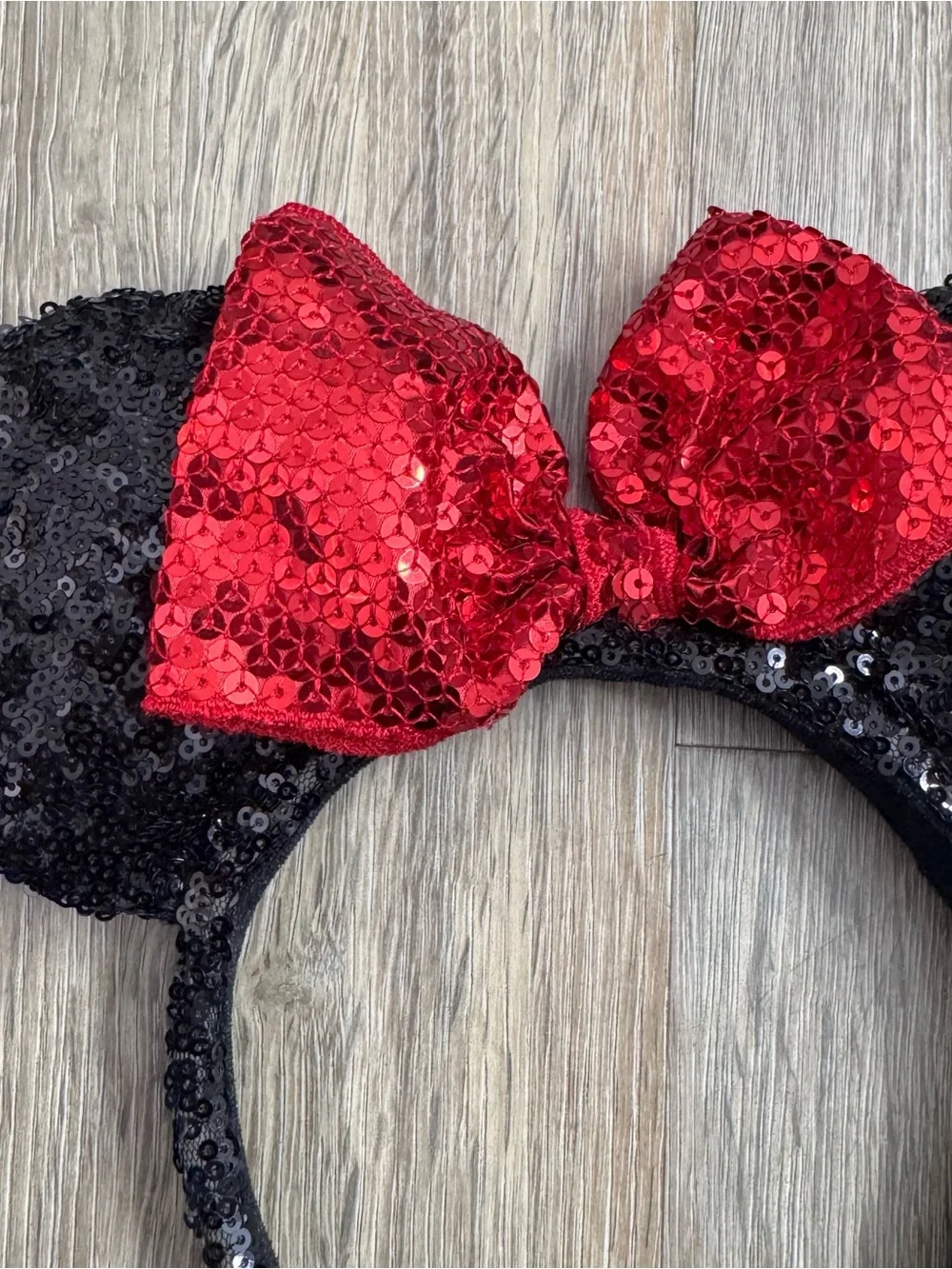 Disney Black Sequin Minnie Ear Headband with Red Bow